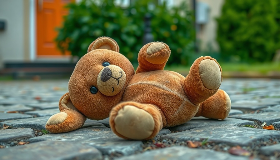 Worn teddy bear on pavement symbolizes childhood adversity and psychosis.