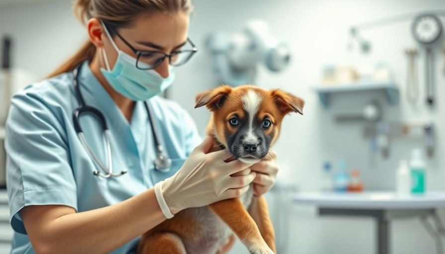 Veterinarian cares for puppy in clinic, Veterinary Emergency Services Funding Texas.