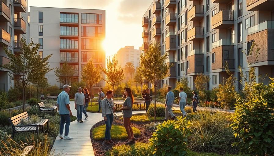 Modern urban housing complex in Terre Haute with community garden.