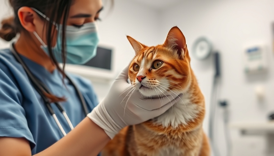 Veterinarian examines cat for H5N1 protection in clinic setting.