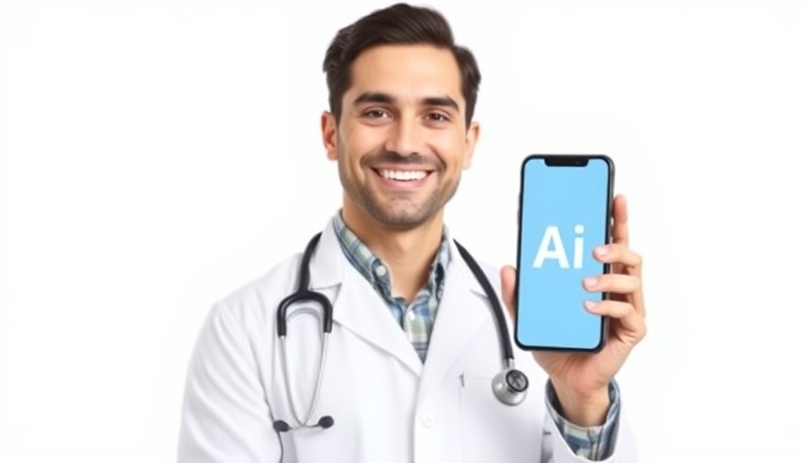 Doctor promoting AI use in mental health treatment with smartphone.