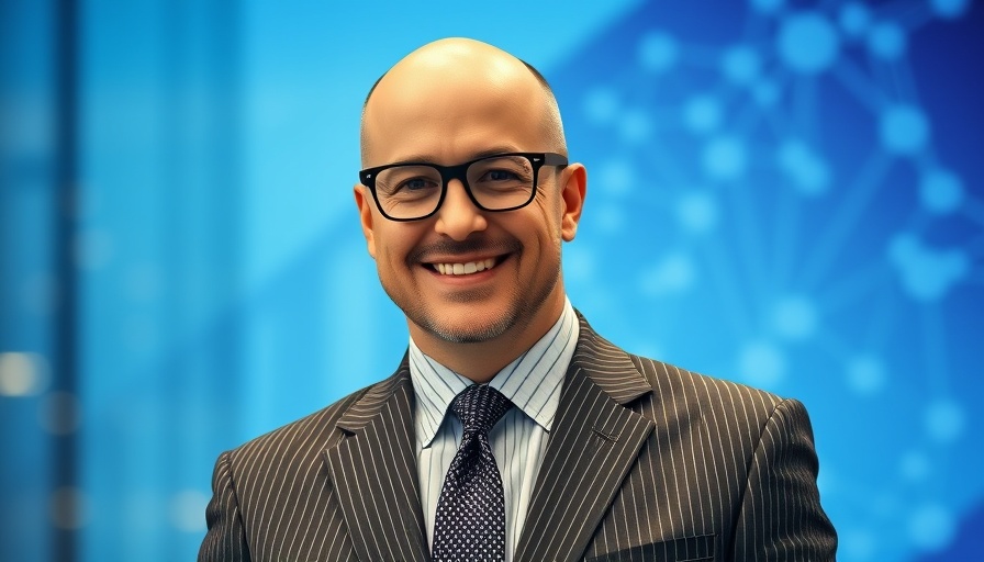 Man in pinstripe suit smiling with blue background for Indiana Business News.