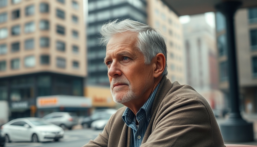 Thoughtful older man sitting quietly in urban Bloomington, reflecting on homelessness.