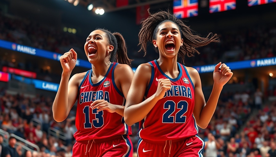 Two female basketball players celebrating on court.