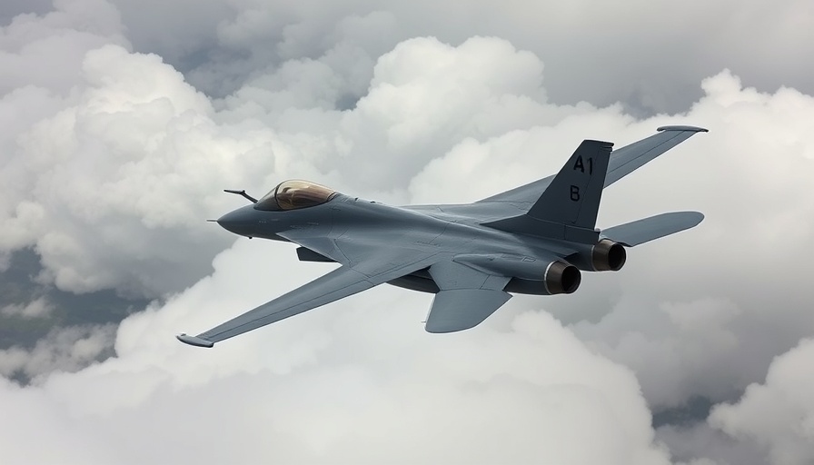 Military jet soaring through clouds against a grey sky.