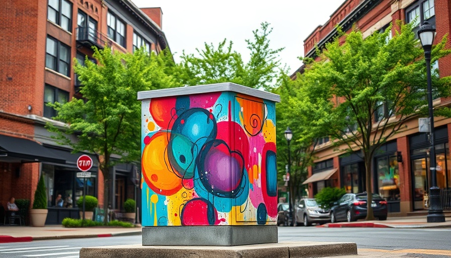 Crown Point public art project utility box with vibrant paint on street corner.