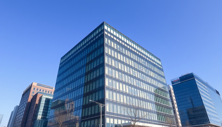 Modern office building in Indiana, reflecting sky, urban architecture.