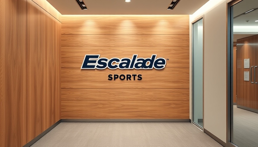 Impact of tariffs on Indiana businesses: modern office hallway with Escalade Sports logo.