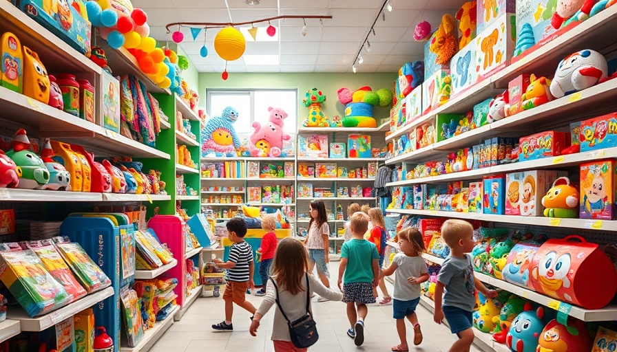Colorful toy store in Indiana with children exploring.