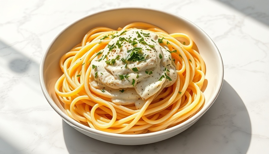 Creamy linguine with cream cheese pasta sauce in a white bowl.
