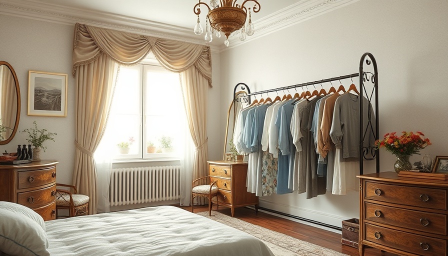 Elegant bedroom with a covered clothes rack and vintage decor.