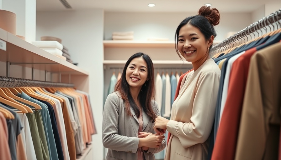 Women organizing clothes in boutique with adjustable racks.