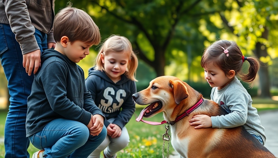 Children learning to approach a dog with adult guidance in park.