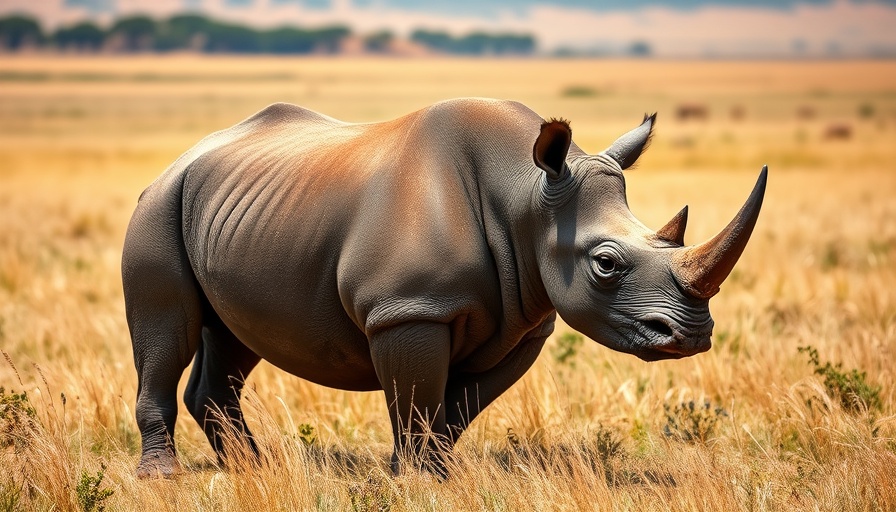 Black rhinoceros in savannah for conservation awareness.