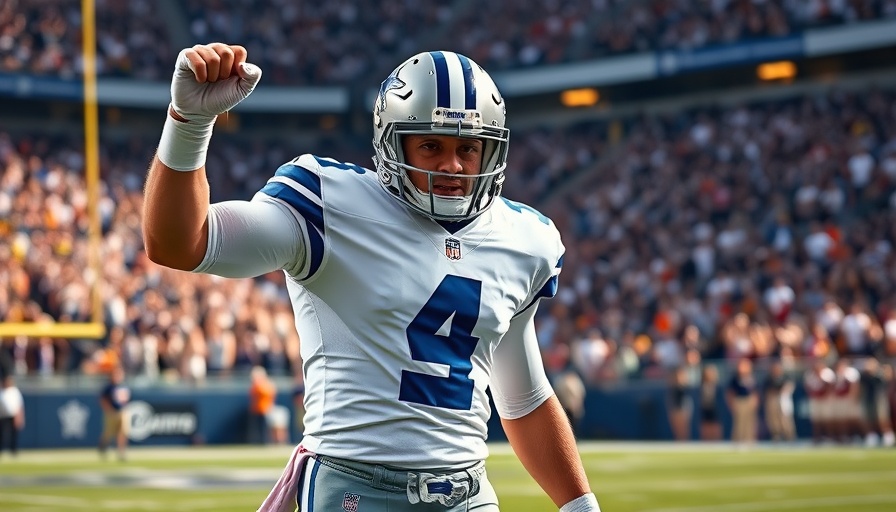 Dallas Cowboys player on field raising hand, energetic expression.