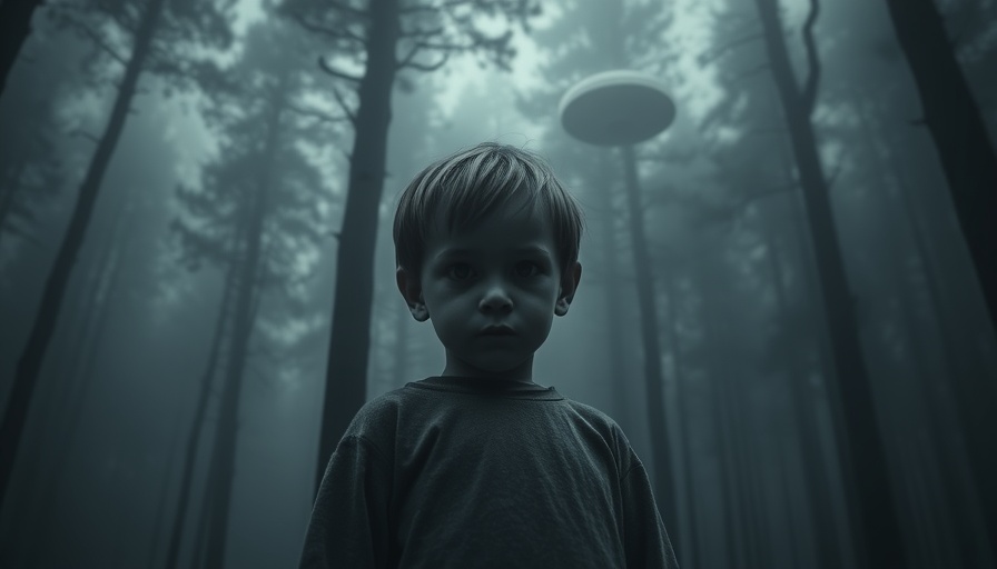 Eerie travel scene with UFO and child in dark forest.