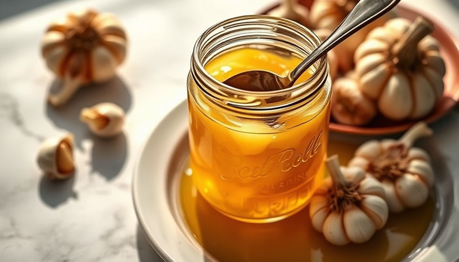 Jar of garlic confit with spoon on marble surface.
