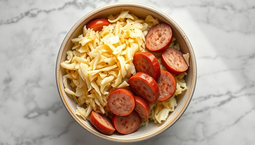 Sauerkraut and Wieners Recipe in a skillet, top view.