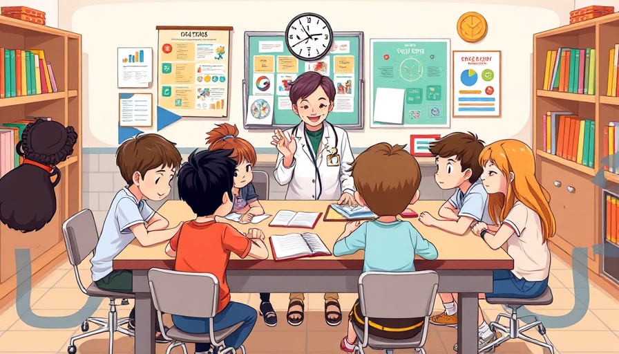 Cartoon students and teacher in a classroom discussing school voucher program impact on states.
