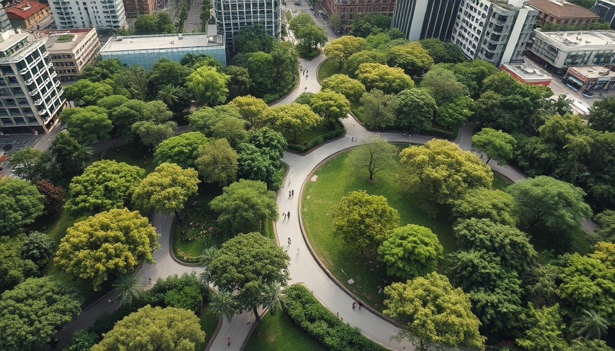 Aerial view of an urban park near Indianapolis City Market.