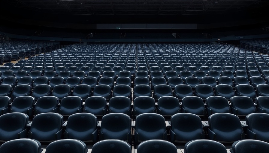 Empty stadium seats draped with branded covers, wide view.