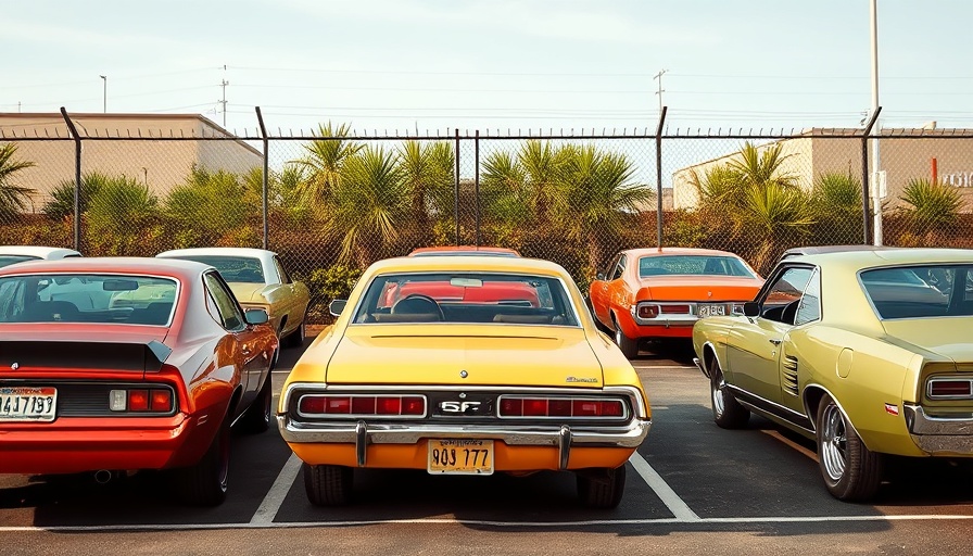 Retro cars in parking lot showcasing past vehicle designs.