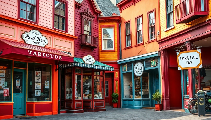 Colorful storefronts in quaint Shelbyville promoting 1 percent food tax.