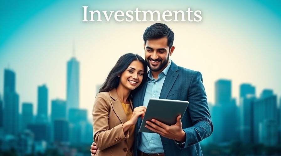 Confident Latino couple with tablet showing stock chart, highlighting investments and financial planning.