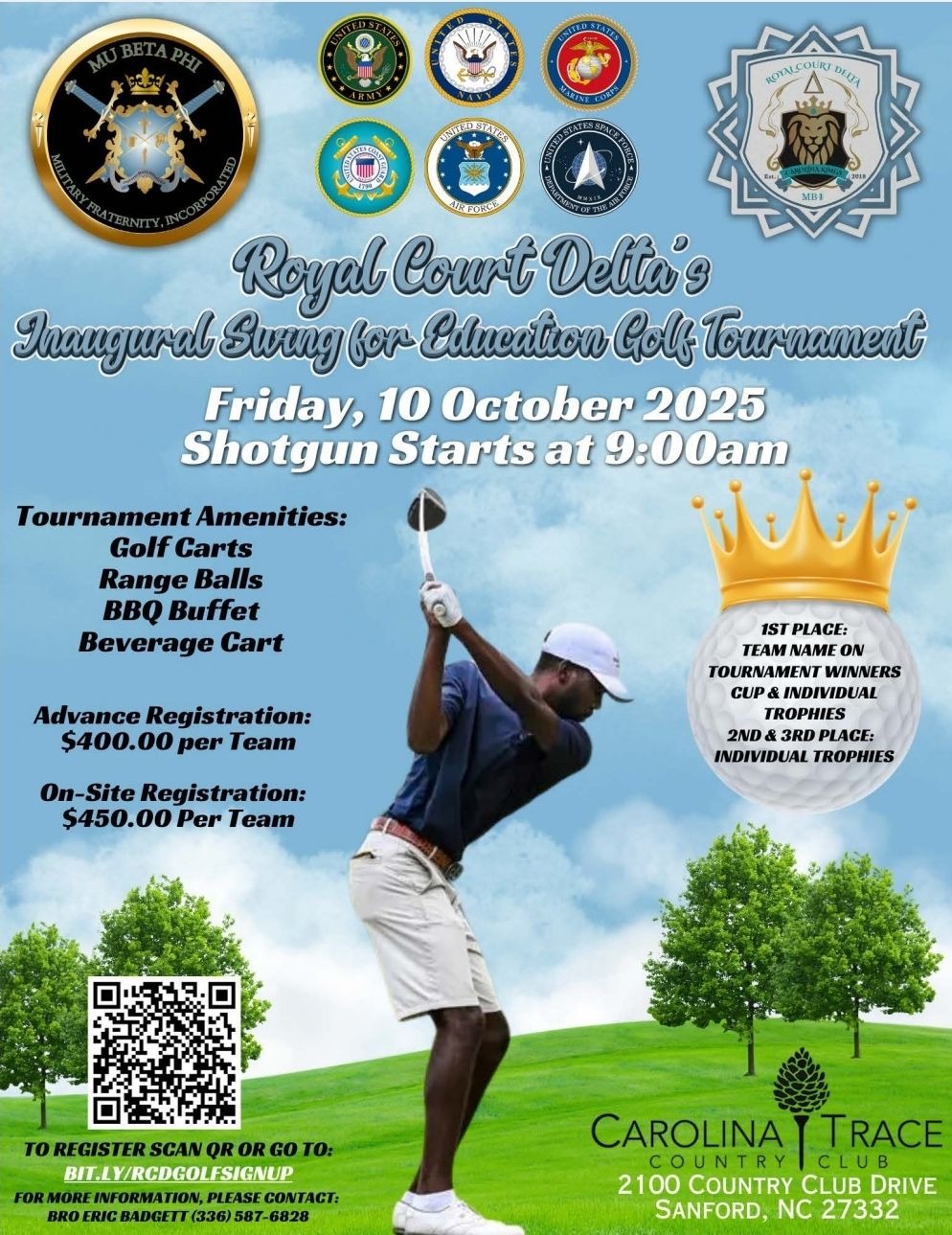 Black American military veteran teeing off on a wide golf course.
