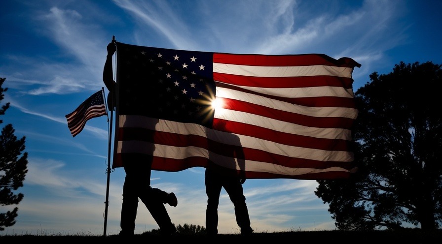 Silhouetted figures proudly display American flags, highlighting veteran health care cuts and support.