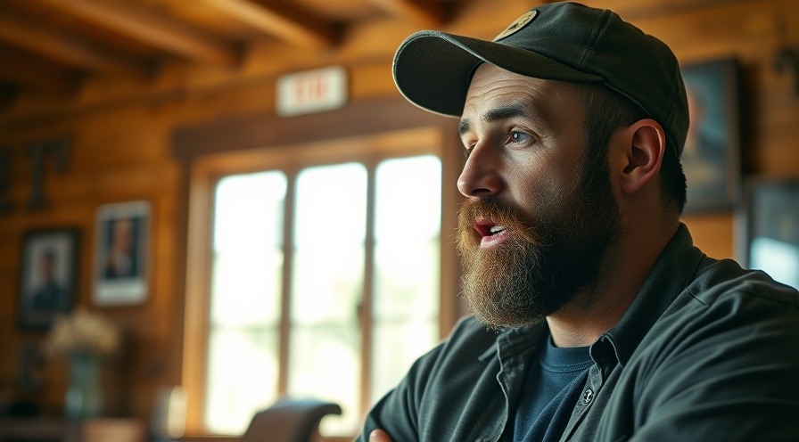 Bearded man discussing VA education benefits for veterans in rustic room.