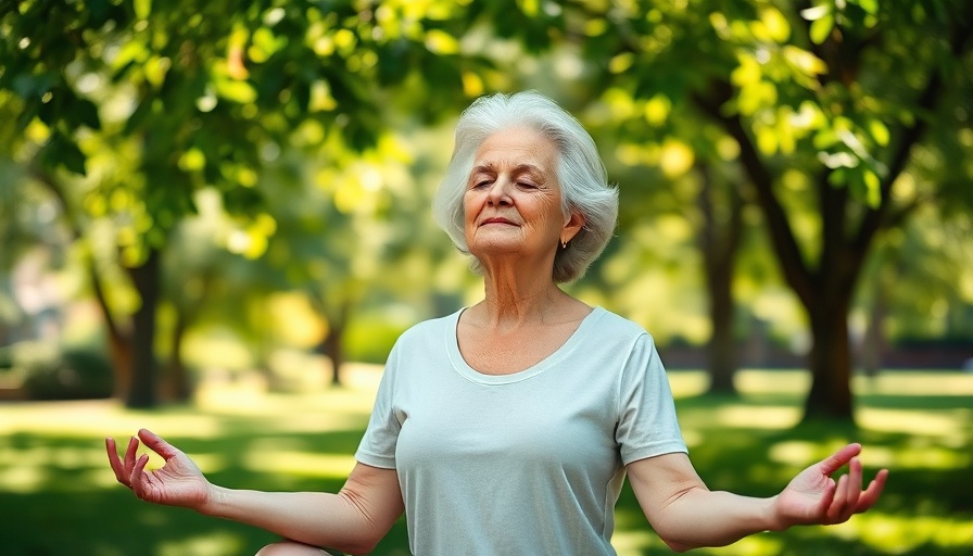 Senior practicing stress management through yoga in a serene park.
