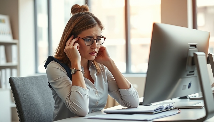 Young woman stressed at desk, highlighting chronic stress and stroke risk.