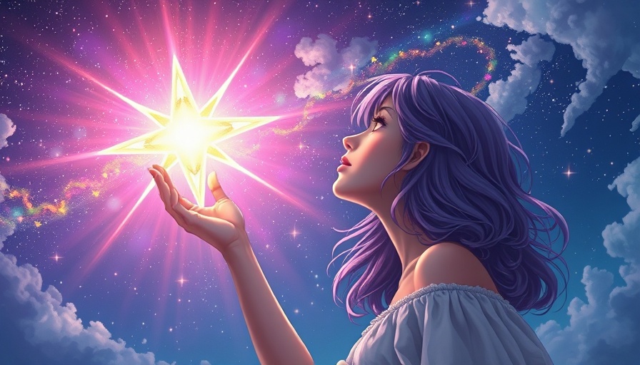 Dreamlike scene of woman reaching for star in night sky, let go of my big plan.