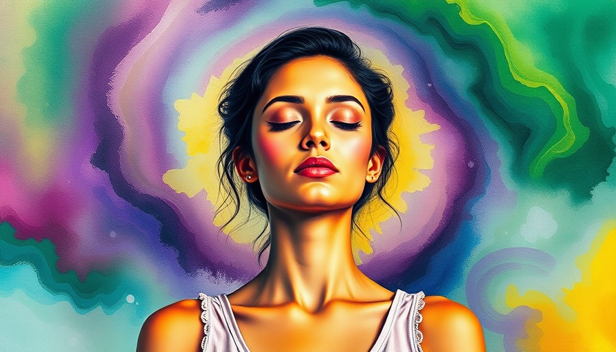 Mindfulness meditation practices with a woman meditating in colorful background.