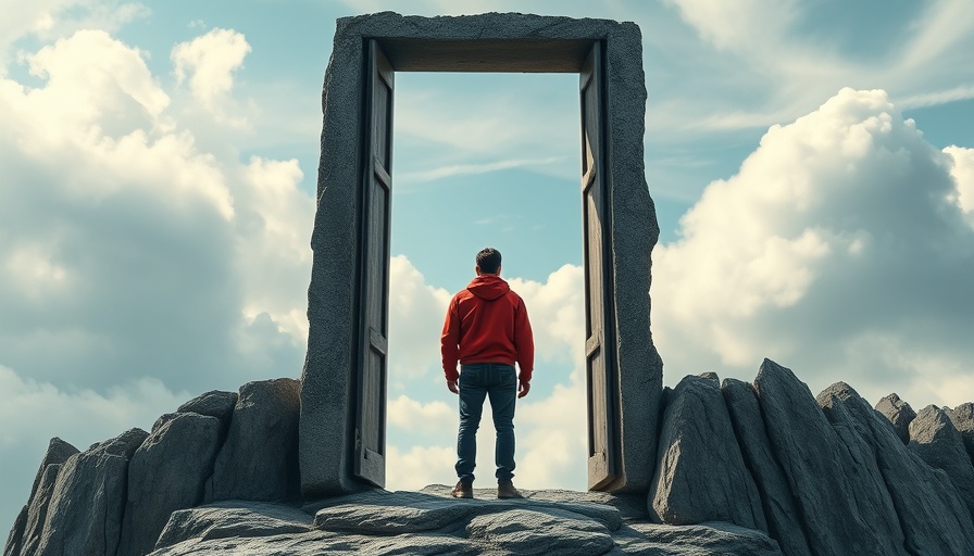 Contemplative figure by open window on a cliff under cloudy sky.