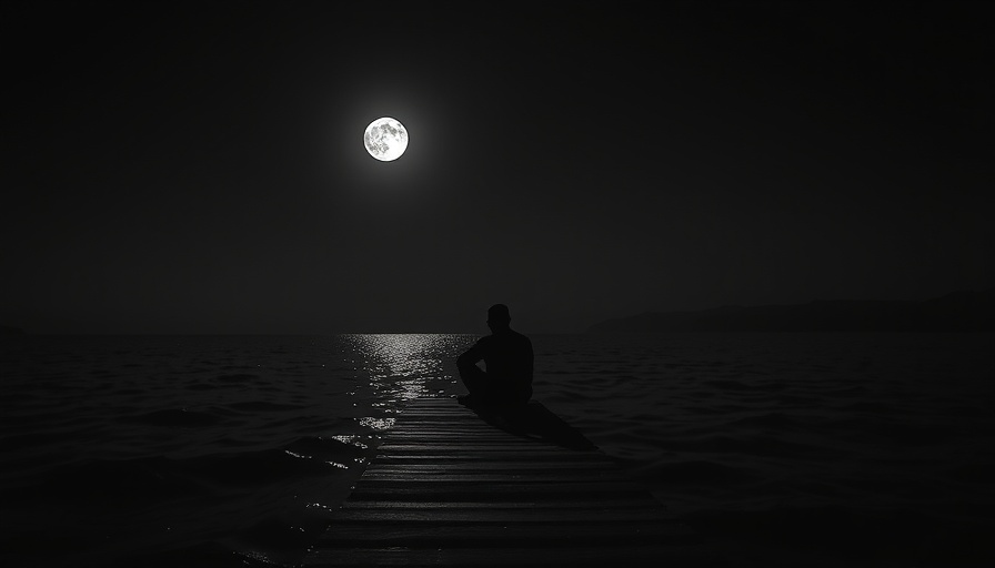 Grief has no rules: silhouette sitting on dock with abstract waves, moonlight.