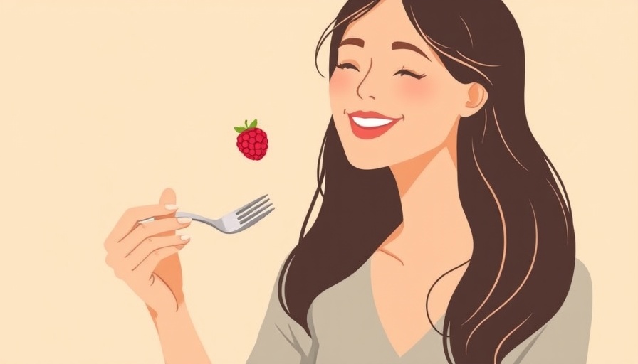 Mindful woman savoring food illustration highlighting mindfulness practices for changing relationship with food.