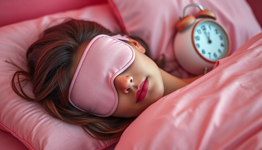 Young woman with pink sleep mask relaxing amid pink pillows, clock visible.