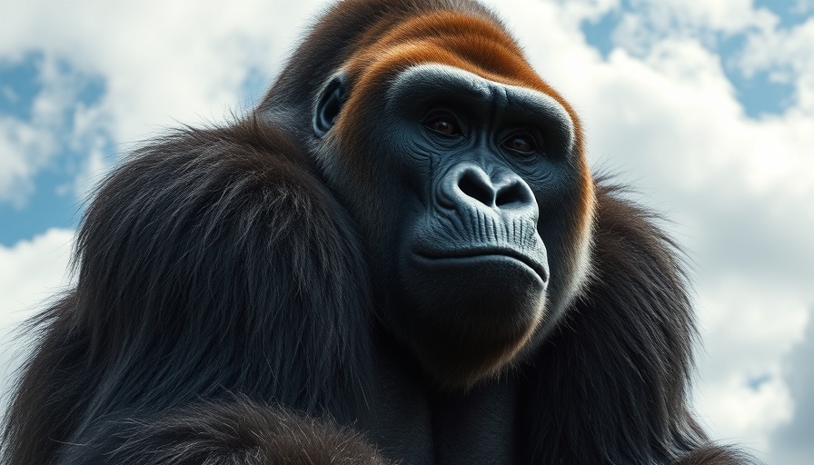 Massive gorilla in realistic cinematic portrayal against sky.