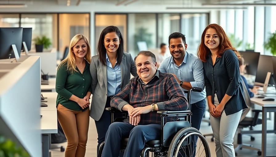 Team collaborating with person using a wheelchair in a modern office.