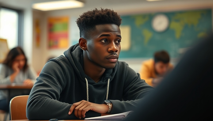 Young Black male in hoodie, thoughtful at a table, classroom setting.
