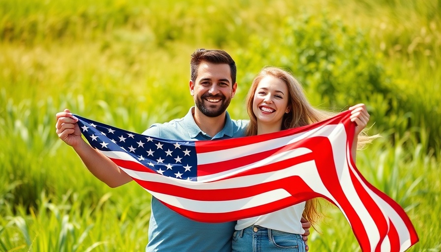 Couple in a field with American flag, Dole Act for Veterans Health Care.