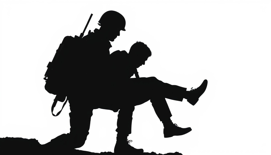 Silhouette of a soldier carrying comrade symbolizing courage and support.