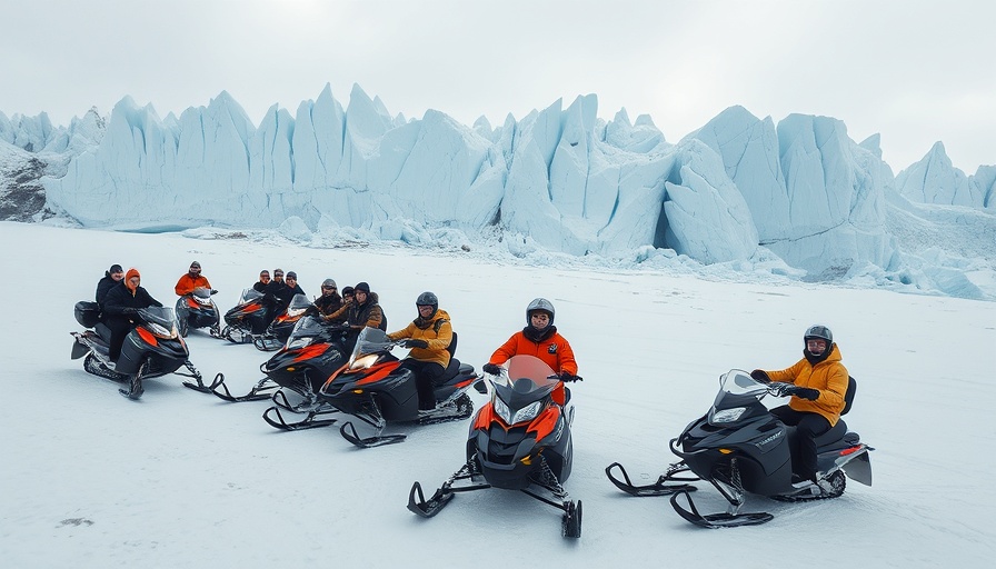 Snowmobile group in icy landscape promoting mental health resources.