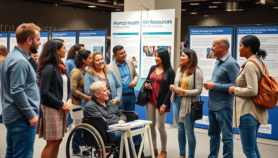 Diverse group discussing mental health resources for wounded warriors in exhibit