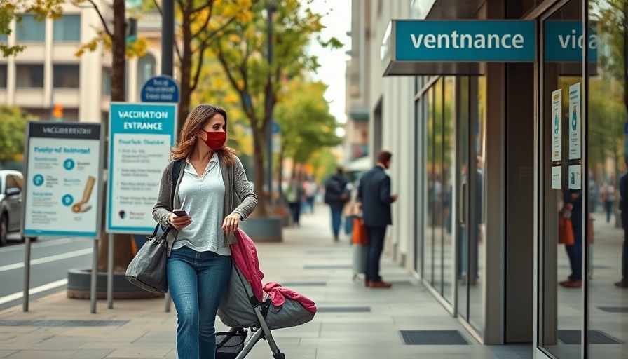 Woman with stroller passing vaccination entrance sign related to NIH cuts.