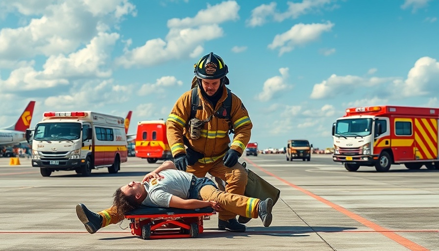 Fayetteville Airport Emergency Preparedness drill with firefighter and simulated victims.