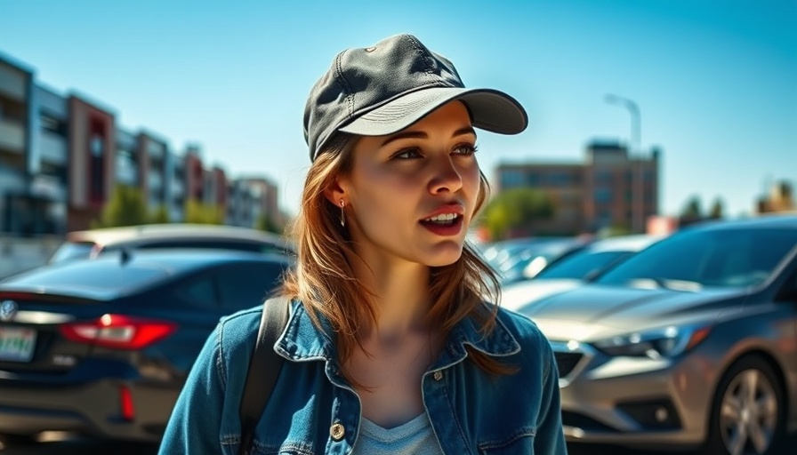 Casually dressed woman in cap speaking outdoors on a sunny day.