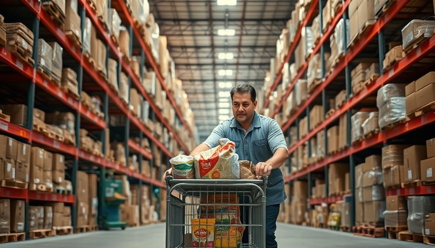 Warehouse worker pushes food supplies impacted by USDA cuts.